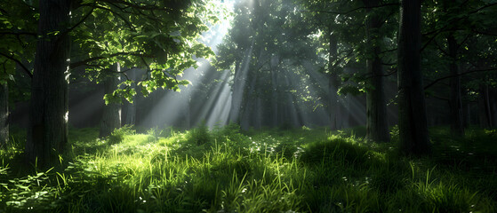 Obraz premium Light Streaming Through Dense Forest Canopy Creating Enchanting Natural Atmosphere with Lush Greenery and Soft Shadows