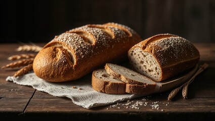 Freshly baked bread on a wooden table with wheat stalks and linen cloth in rustic setting
