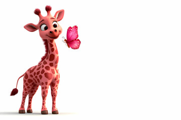 Obraz premium Playful cartoon giraffe interacting with a colorful butterfly in a bright, whimsical scene for children's art and design projects