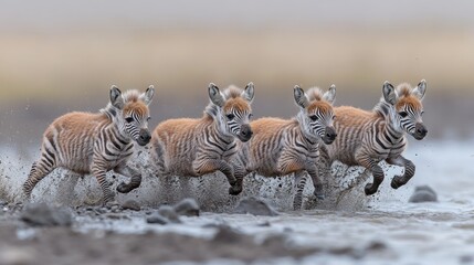 Fototapeta premium Four adorable rare zebra foals running playfully through shallow water.