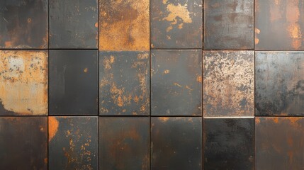 Naklejka premium Pattern of weathered rusty metal tiles with diverse texture and surface details