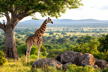 Obraz premium Majestic Giraffe Standing Gracefully Under a Large Tree in the Serengeti Landscape During Golden Hour