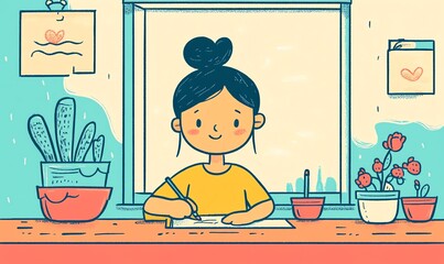 Girl sitting at a desk with pen, writing letter on pretty stationery, a window with soft daylight