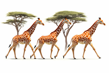 Three Giraffes Walking Gracefully Under Trees in a Serene Natural Environment