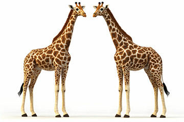 Fototapeta premium Two Giraffes Facing Each Other in a Studio Environment with White Background