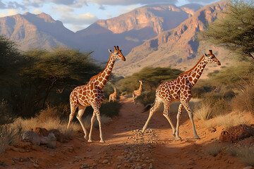 Fototapeta premium Majestic Giraffes Walking Through Scenic Landscape with Mountains and Trees in Golden Light