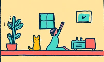 Minimalist illustration of a person stretching on a yoga mat in a bright living room, cat curiously watching