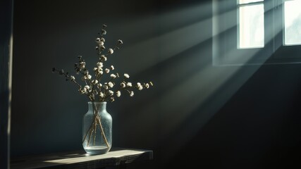 Sunlit Dried Flowers in Glass Vase on Dark Wood Surface