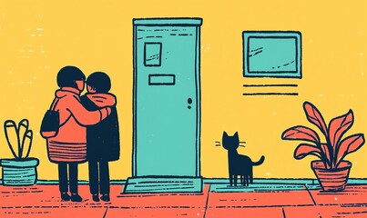 Warmly lit entrance hall where friends hug, coats and shoes by the door, a gentle cat strolling by