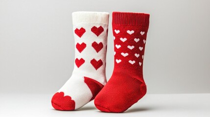 Valentine day. Colorful heart-patterned socks in red and white, perfect for Valentine's Day.