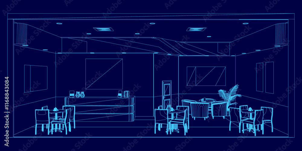 Poster blue drawing of a restaurant with tables and chairs. the chairs are arranged in rows and the tables 