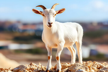 Obraz premium Adorable White Goat Standing on Rocky Terrain with Blue Sky in the Background