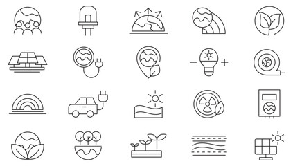 Mother Earth line icon set. Containing solar panel, save the planet, sprout, recycle, green factory, water faucet, plant, healed, ecology save nature line icon set. UI thin line icon pack.