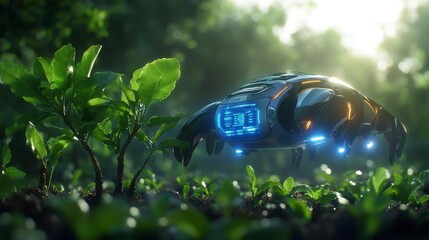 Futuristic Smart Orchard with Hover Probe and Digital Data. Generative AI