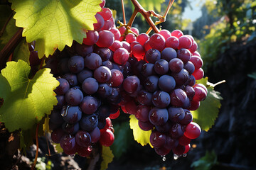Fresh Ripe Dark Grapes on the Vine in Vineyard &ndash; Close-Up Autumn Harvest
