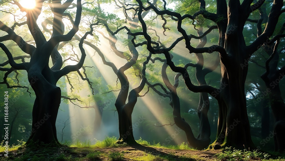 Poster sunbeams illuminate ancient twisted trees in misty forest