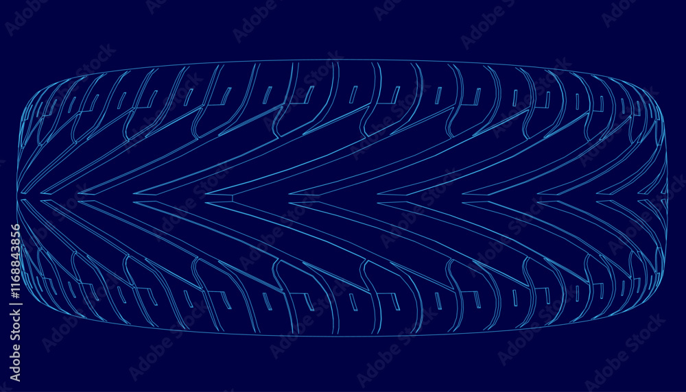 Poster blue image of a tire with a lot of dots. the image is abstract and has a futuristic feel to it