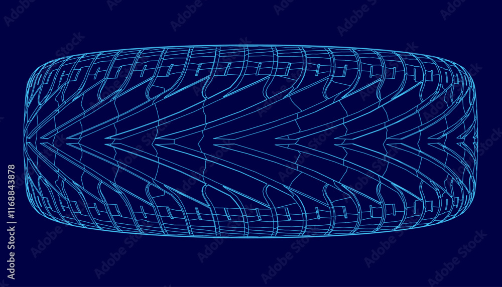 Poster blue tire with a outline. the tire is in a computer generated image. the image has a futuristic feel