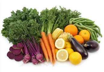 Fresh Organic Vegetables and Fruits Arrangement Featuring Kale, Carrots, Beets, Oranges, Corn, Green Beans, and Lemon on White Background for Healthy Cooking and Nutrition