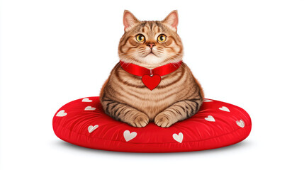 sweet chubby cat wearing red ribbon with heart motifs sits on cozy cushion, exuding charm and warmth