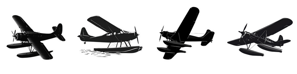 Vintage airplane silhouettes in various positions showcasing aviation history and design aspects in black and white style