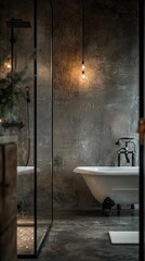 Stylish bathroom with vintage bathtub and modern lighting in a muted color palette