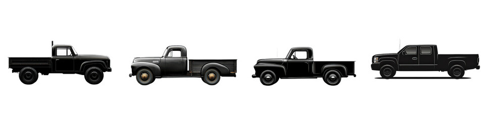 Fototapeta premium Black pickup truck illustrations showcasing evolution from vintage to modern designs suitable for automotive and transportation themes