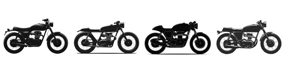 Obraz premium Vintage motorcycle silhouettes showcasing classic design elements and distinctive styles in a minimalist composition on a white background