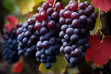 Fresh Ripe Dark Grapes on the Vine in Vineyard &ndash; Close-Up Autumn Harvest