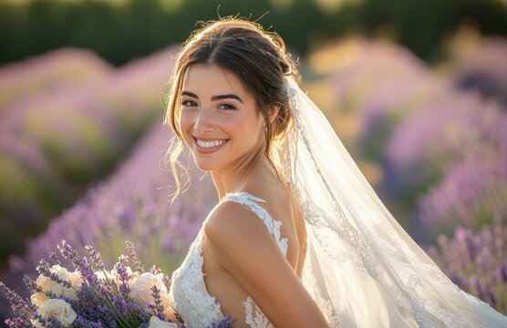A beautiful bride in her wedding dress smiles at the camera against the backdrop of lavender fields.