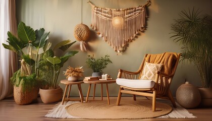 Living Room interior with armchair, houseplants, table and painted wall; furniture in cozy boho style for the wedding photo shoot made of eco-friendly materials indoors