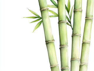 Watercolor bamboo tree with green stalks and leaves on white background