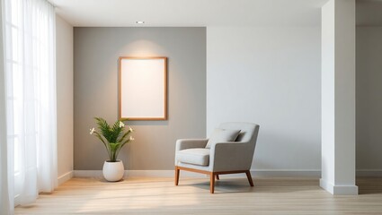 Fototapeta premium Modern minimalist living room with armchair and blank frame