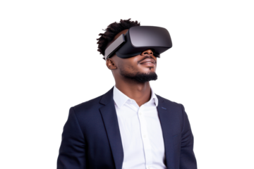 Man in a formal suit wearing a virtual reality headset, isolated on transparent background