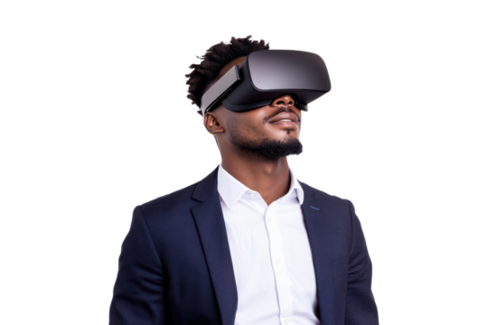Man in a formal suit wearing a virtual reality headset, isolated on transparent background