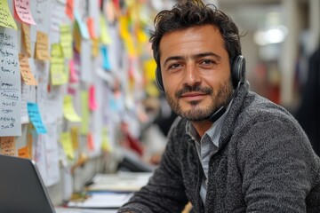 Obraz premium Business professional in a virtual meeting, wearing a headset and using a laptop for remote communication. The modern office setup emphasizes the efficiency of digital interactions. Perfect for a