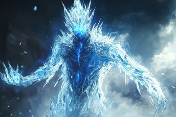 A Crystalline Ice Golem Rises in a Stormy Sky