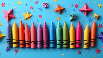 Colorful crayons arranged with origami stars on a blue background.