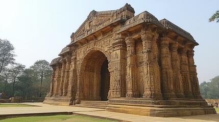 Obraz premium Ornate sandstone archway, ancient architecture, intricate carvings, historical landmark, sunny day.