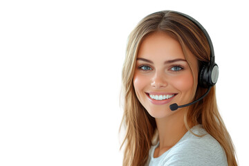 Naklejka premium Smiling customer support agent, wearing a headset, isolated on transparent background
