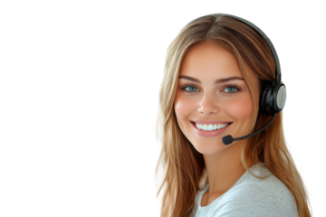 Smiling customer support agent, wearing a headset, isolated on transparent background