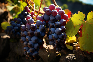 Fresh Ripe Dark Grapes on the Vine in Vineyard &ndash; Close-Up Autumn Harvest