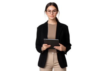 Young woman in glasses, holding a tablet, dressed in a blazer, isolated on transparent background