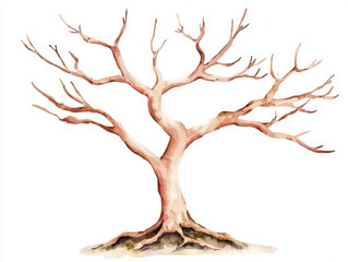 watercolor depiction of bare tree with intricate branches and roots