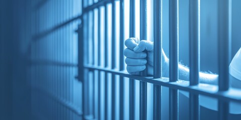 law and  restriction concept. A hand gripping prison bars in a blue-toned setting conveys confinement and isolation.