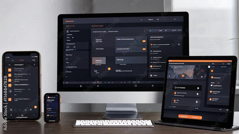 Poster the features of a neobanking application on multiple mobile and computer devices