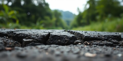 Fototapeta premium Close-up view of cracked asphalt paving, showing texture and deterioration against a blurred natural background
