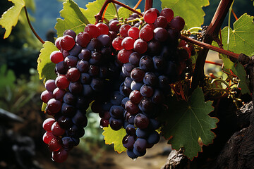 Fresh Ripe Dark Grapes on the Vine in Vineyard &ndash; Close-Up Autumn Harvest