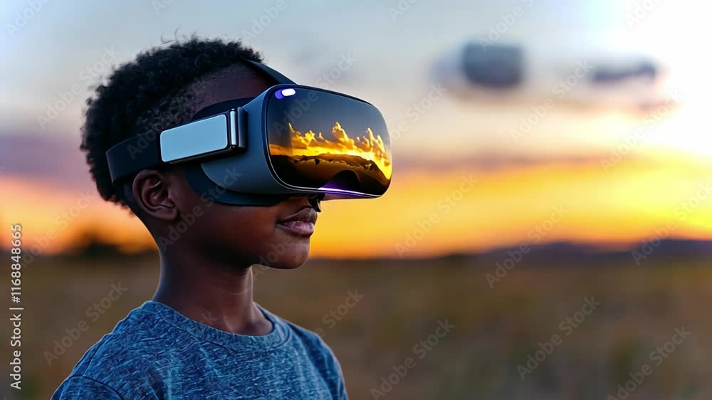 Poster exploring virtual reality at sunset with advanced head-mounted display technology