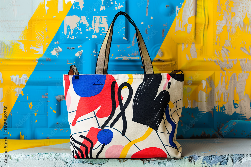Poster tote bag with bold, abstract patterns and a pop of bright color.